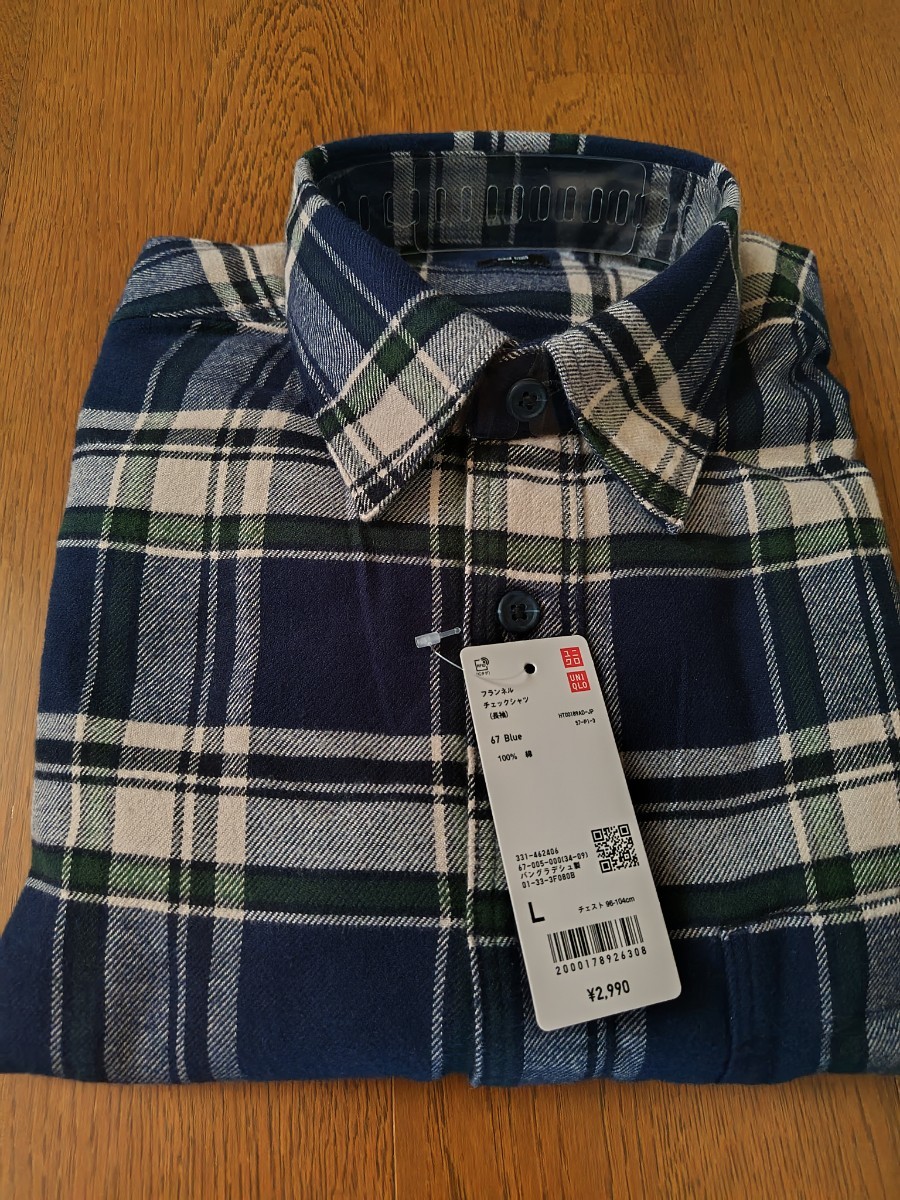 新品未使用タグ付 ユニクロ フランネル チェックシャツ 長袖 ブルー Lサイズ ゆうパック760円拍卖