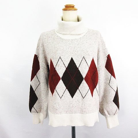 ヘザー Heather ニット セーター 長袖 ドロップショルダー タートルネック アーガイル柄 F アイボリー ※EKM レディース拍卖