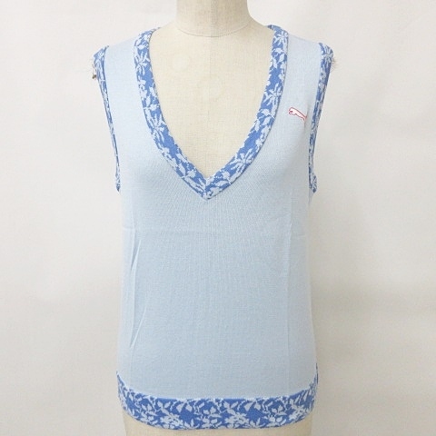 未使用品 プーマ PUMA ゴルフ ニット ベスト プルオーバー Vネック ロゴ 花柄 綿 コットン 水色 青 ブルー M レディース拍卖