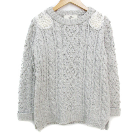 カオン Kaon ニット セーター 長袖 ラウンドネック ウール ケーブル編み パールビーズ ビジュー ロールアップ F 杢グレー /FF6 レディース拍卖