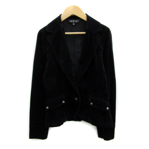 インディヴィ INDIVI テーラードジャケット ミドル丈 シングルボタン ベロア 36 ブラック 黒 /MS24 ■MO レディース拍卖