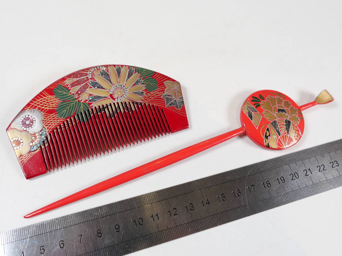 ♪中古品★朱塗 簪 かんざし 櫛 くし 花文 2種セット拍卖