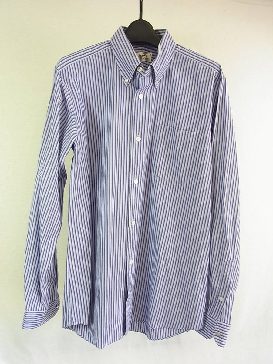 ■■エルメス★セリエボタン青ストライプ長袖シャツ39 15 1/2■■拍卖