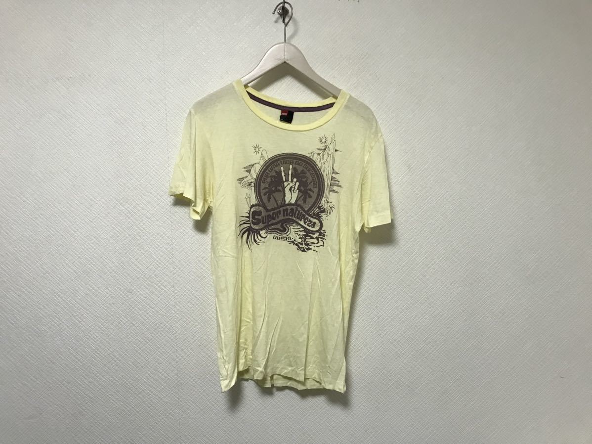 本物ディーゼルDIESELコットンプリント半袖TシャツメンズサーフアメカジミリタリービジネスゴルフイエローSインド製拍卖