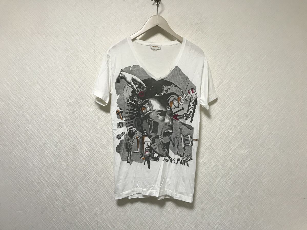 本物ディーゼルDIESELコットンプリントVネック半袖Tシャツメンズサーフアメカジミリタリービジネスゴルフ白ホワイトSインド製拍卖