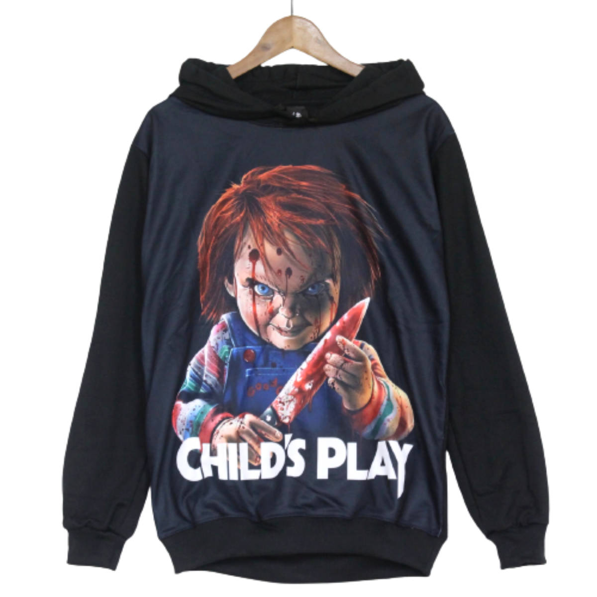 プルオーバーパーカー チャッキー 映画パーカー チャイルドプレイ ストリート系 カワイイ スウェット 薄手 春秋物 ★pk0094-blk-xxl拍卖