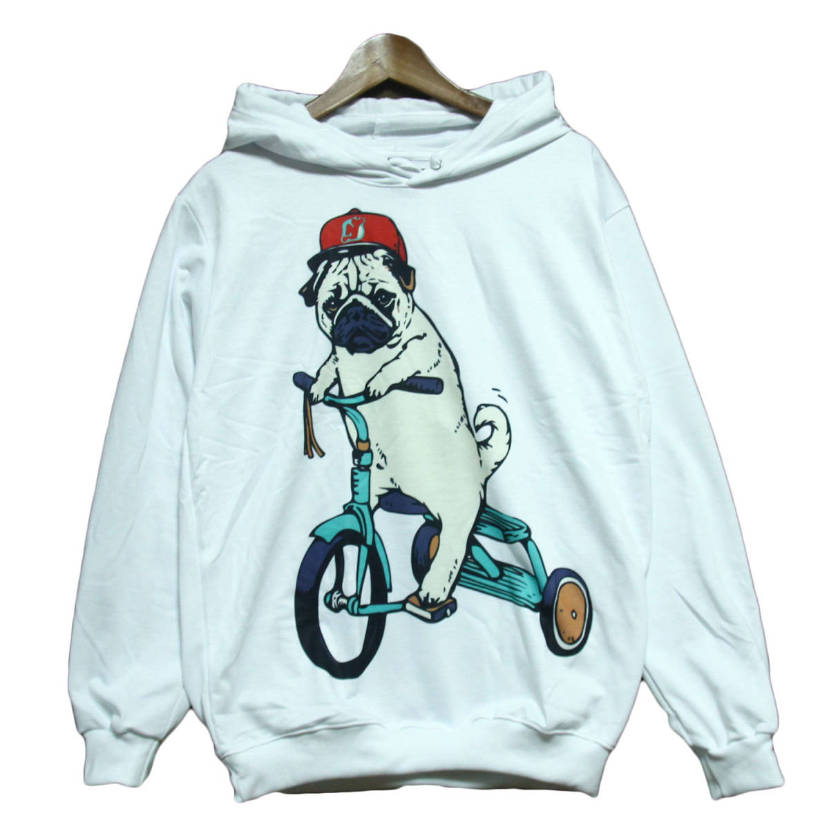 プルオーバーパーカー パグ ブルドッグ わんちゃん 三輪車 犬 ストリート系 カワイイ スウェット フード付き 薄手 春秋物 ★pk0016-wht-xl拍卖