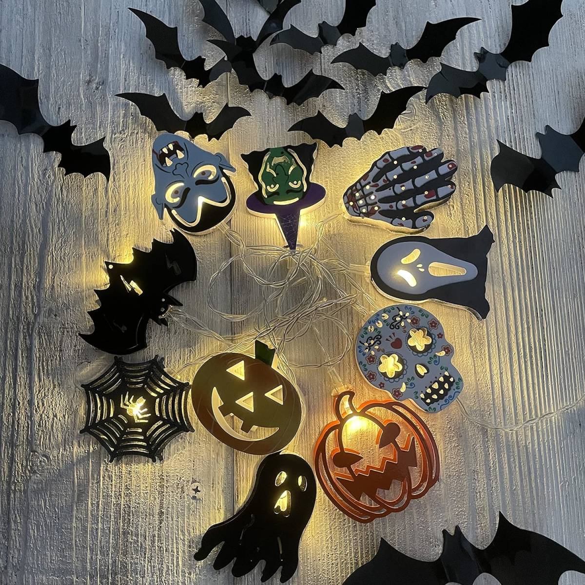 未開封未使用☆ハロウィン 飾り かぼちゃ ライト 10灯1.65m 金属プレート コウモリステッカー12個付き 電池式 室内 拍卖