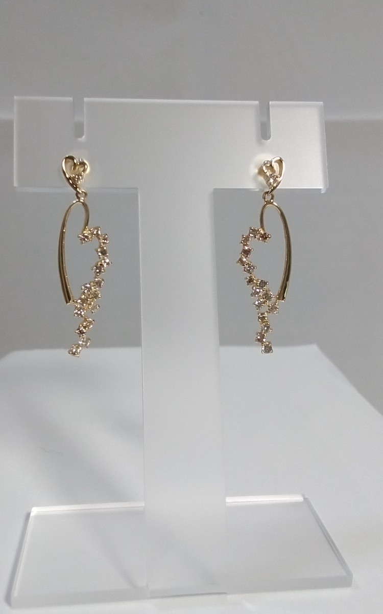 K18YGダイヤ(ライトブラウンカラー&カラーレス)ピアス!0.50ct.。オープンハート型。拍卖