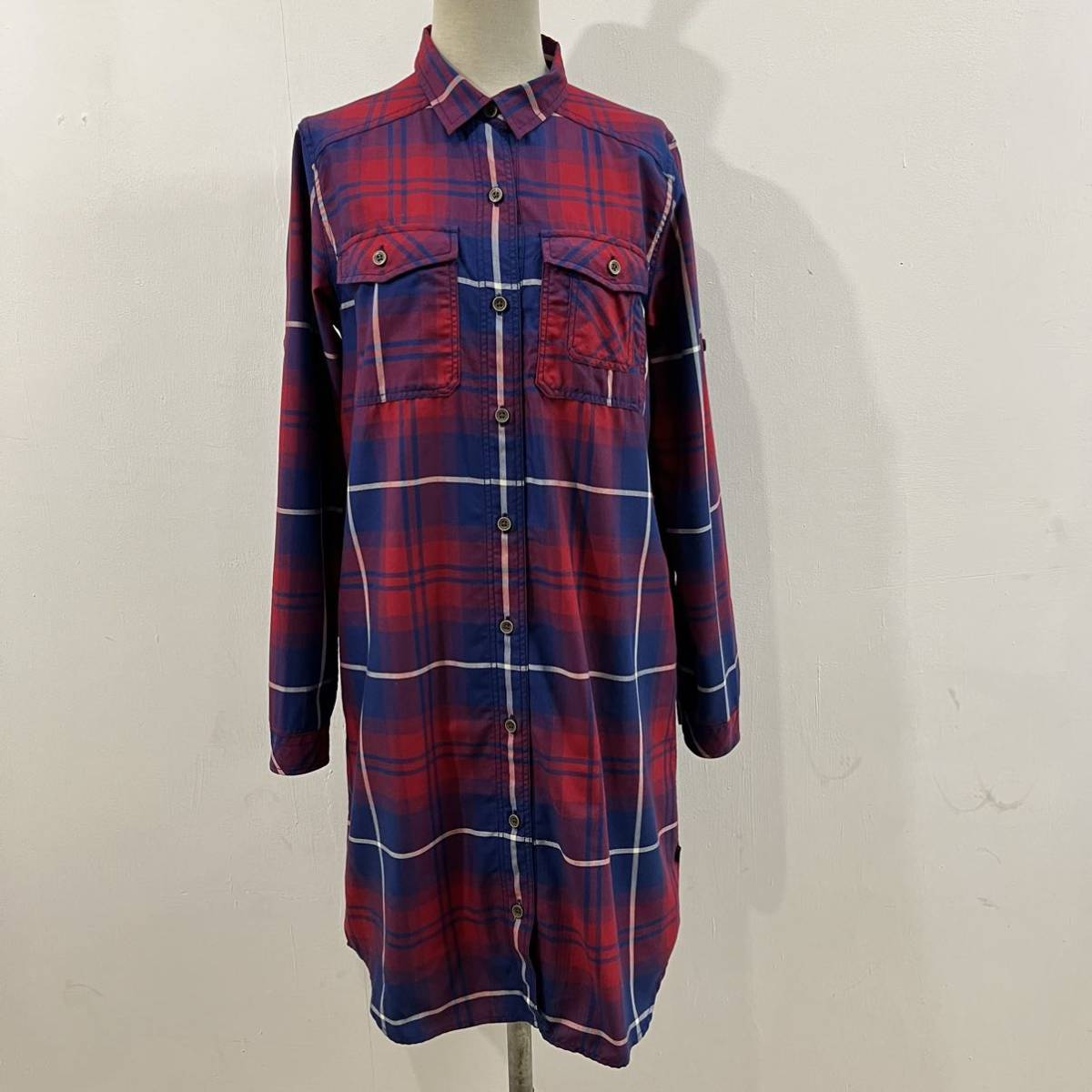 AIGLE チェック柄 シャツワンピース ロング丈シャツ チェックシャツ 総柄 デザイン アウトドア エーグル【レターパックプラス郵送可】D拍卖