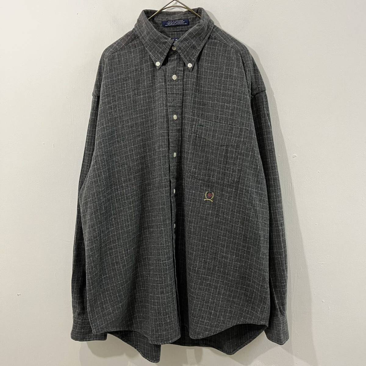 90s TOMMY HILFIGER ネルシャツ 肉厚 コットンシャツ BDシャツ 総柄 刺繍ロゴ 格子柄 トミーヒルフィガー オールド【送料一律/同梱可能】A拍卖