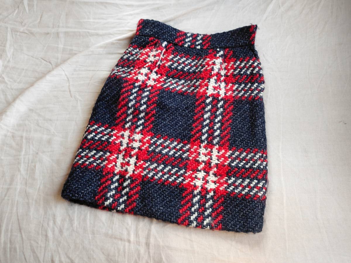KEITA MARUYAMA ケイタマルヤマ スカート ニット ウール モヘヤ シルク ミックス素材 チェック 総柄 台形 1 紺 赤 白 レディース ★10拍卖