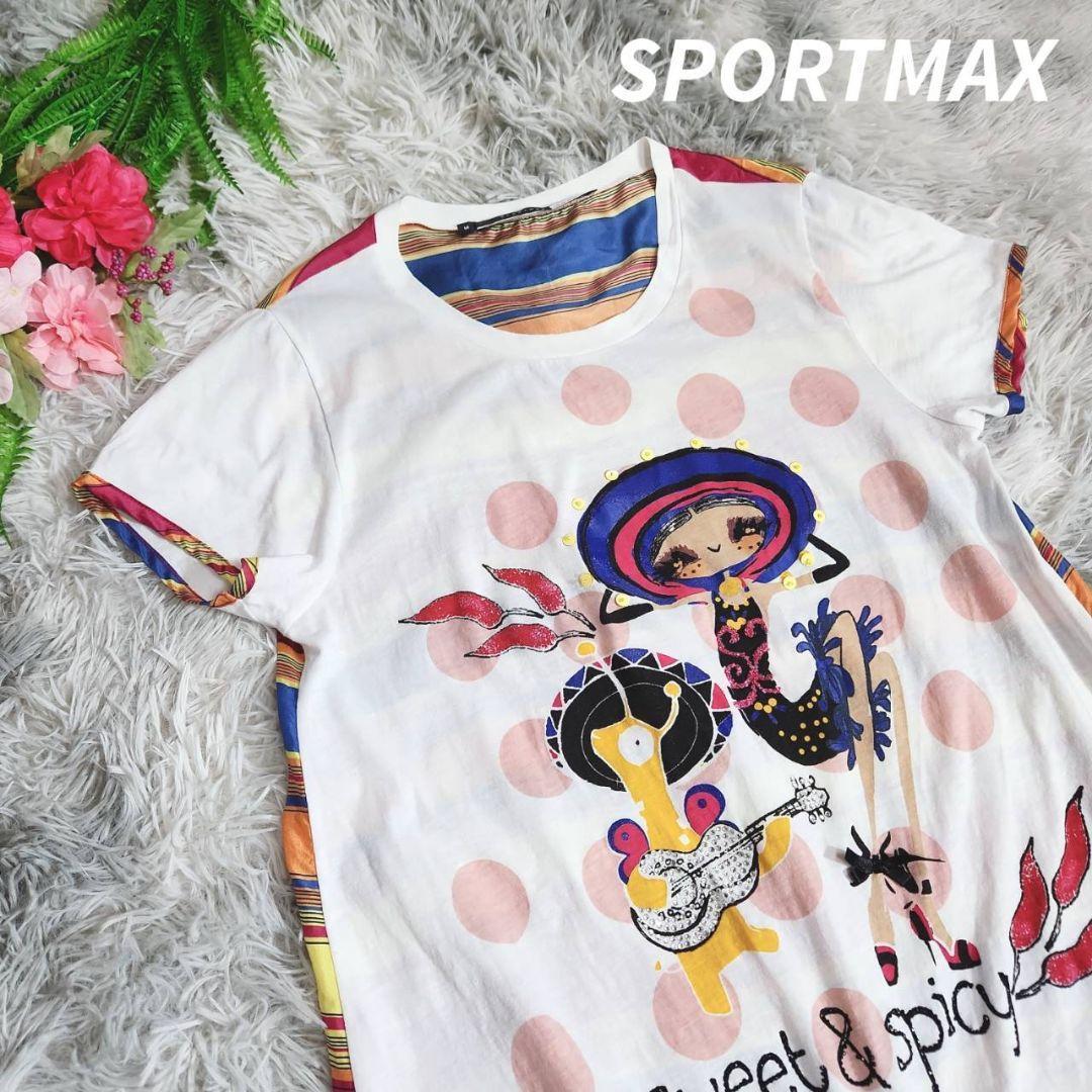SPORTMAX CODE 綿&シルク切り替え・イラスト&リボン飾り Tシャツ Mサイズ マルチカラー派手ラインストーン スパンコール67965拍卖