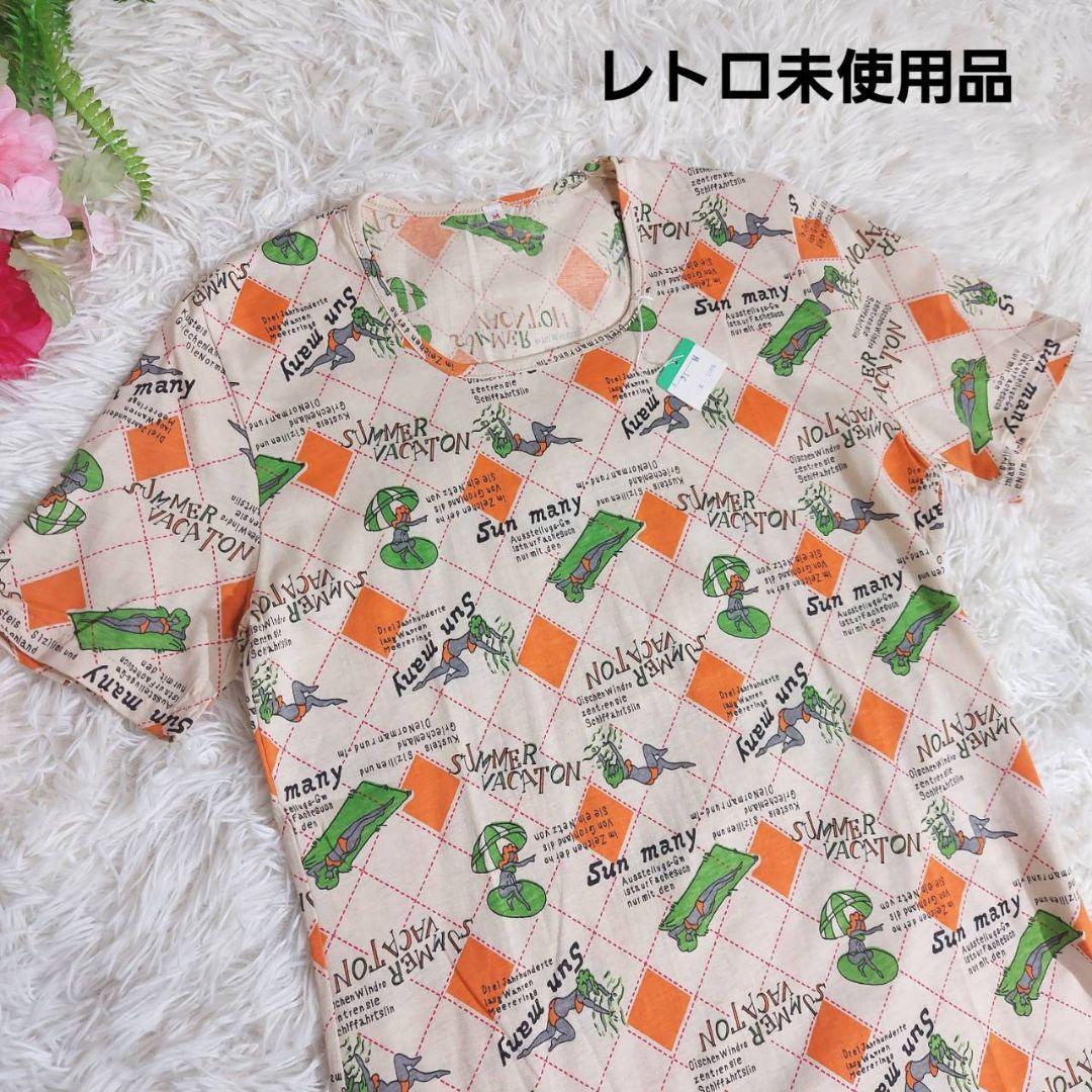 未使用・昭和レトロ・水着ギャル&英語・イラスト総柄 Tシャツ 日本製 ライトベージュ&緑&オレンジ 67741拍卖
