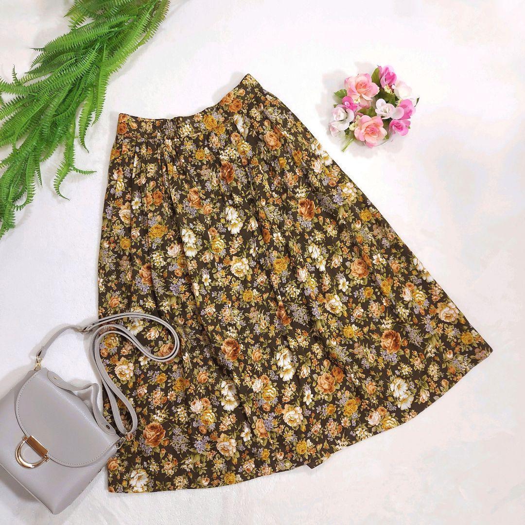 CAPRINE 麻ブレンド・ヨーロピアン花柄 ミモレ丈スカート Mサイズ相当 リネン ブラウンカーキ 79410拍卖