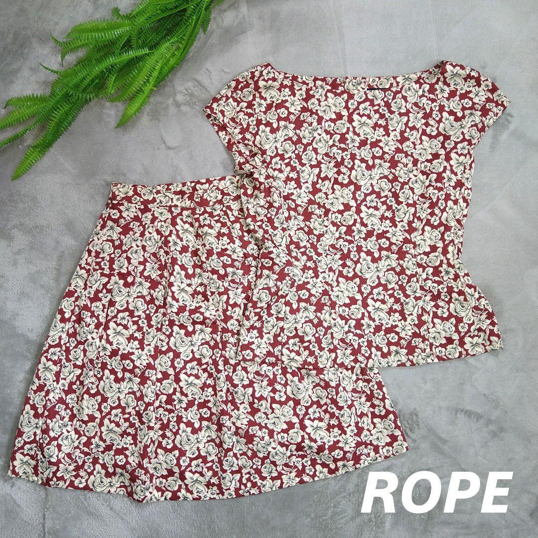 ROPE 花柄ノーカラーブラウス&膝丈スカート セットアップ 表記サイズM 半袖 フレンチスリーブ風 78704拍卖