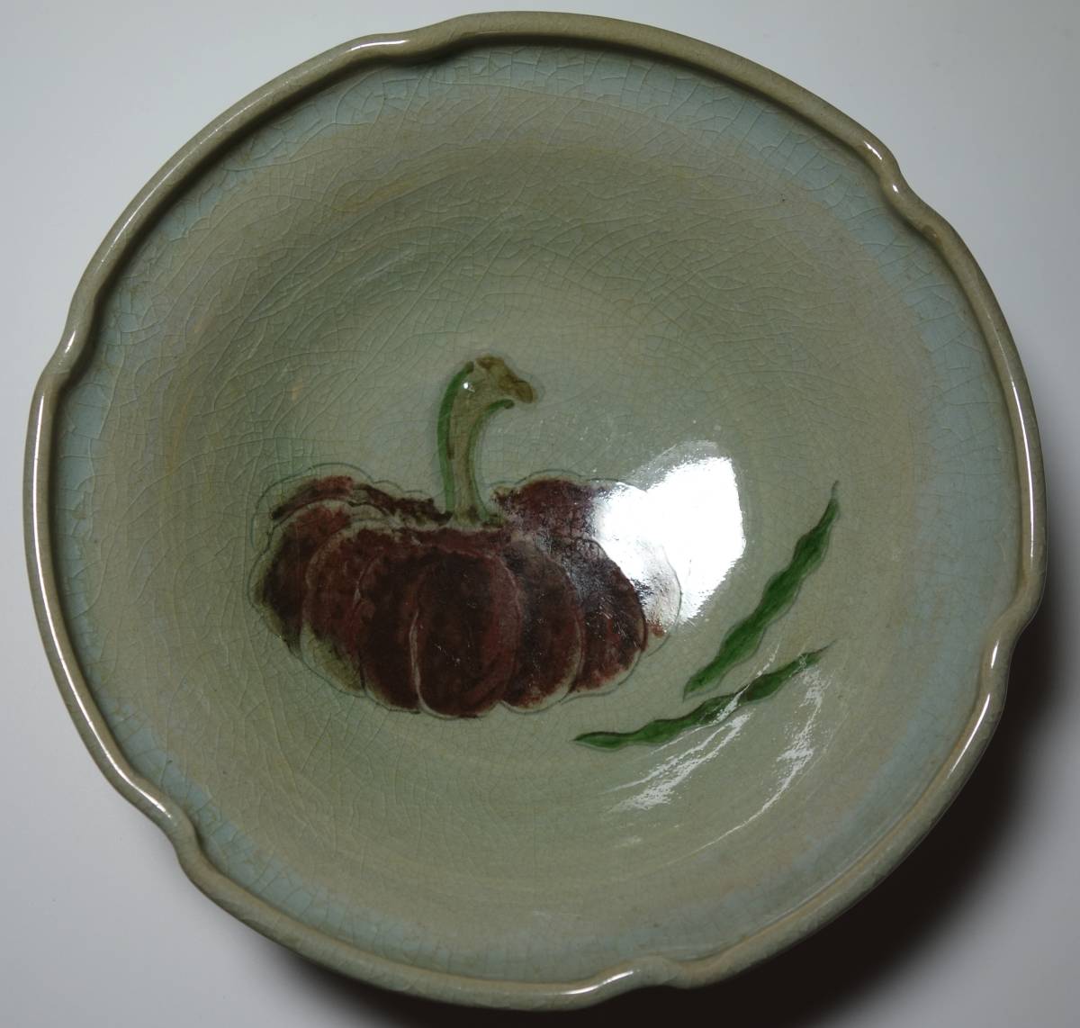 昭和期 青磁釉 大茶碗 辰砂絵入り 高田焼 希少手拍卖