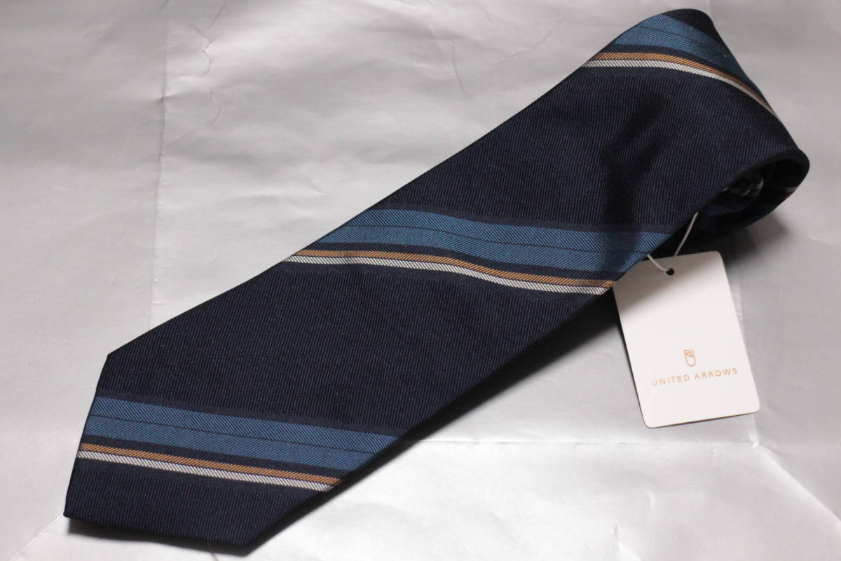 ユナイテッドアローズ新品ネクタイ超モダンネイビー*ブルー*ベージュヘリンボーン織切替しレジメンタルフルハンドメイド拍卖