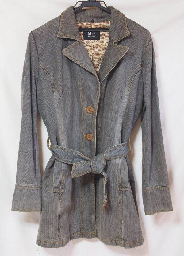 M-ⅡデニムジャケットLサイズ◆コート/中綿キルティング/レオパード柄/ヒョウ柄/レディース/アウター/ベルト付/90年代/平成レトロ/女性拍卖