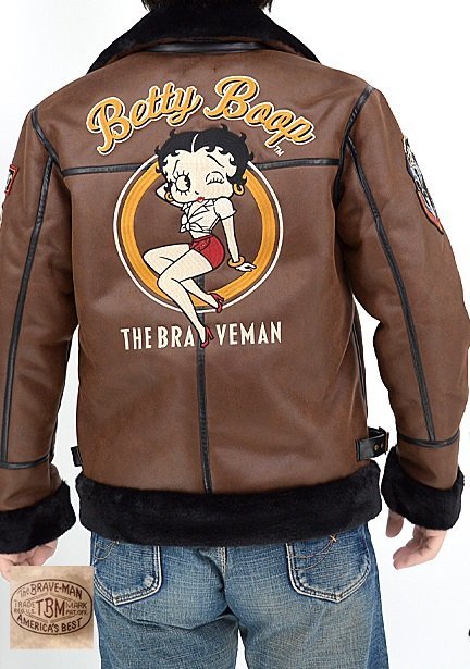 BR×BETTYコラボ ロゴ刺繍裏ファーボンディングB-3フライトジャケット◆The BRAVE-MAN ブラウンLサイズ BBB-2361 ブレイブマン ベティー拍卖