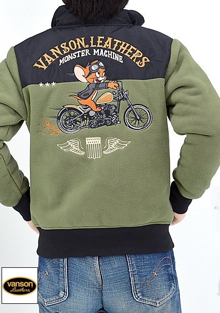 vanson×TOM&JERRYコラボ フリースボンディングジップアップジャージ◆vanson オリーブ×ブラック XLサイズ TJV-2336 ヴァンソン拍卖