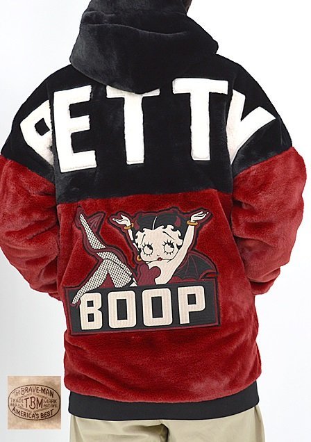 BR×BETTYコラボ ロゴ刺繍ロング丈ファージャケット◆The BRAVE-MAN レッドMサイズ BBB-2357 ブレイブマン ベティーちゃん ユニセックス拍卖
