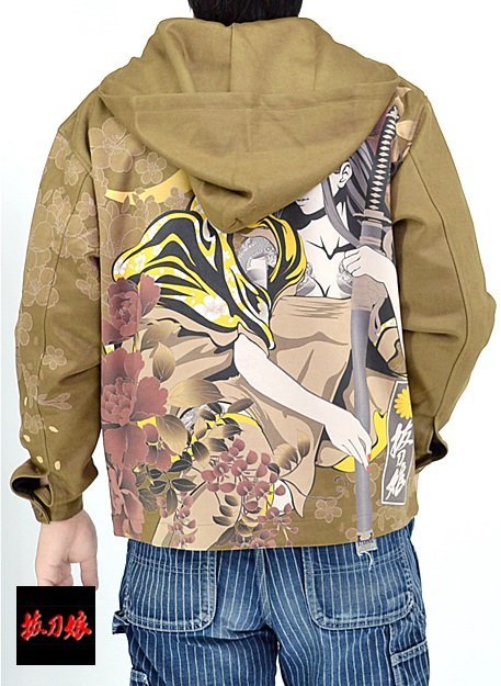 抜刀娘 妃那皇帝スウェードジャケット◆抜刀娘 オリーブXLサイズ 233856 和柄 和風 着物 花魁 ブルゾン拍卖