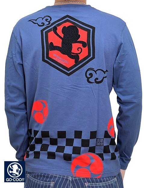 祭り半纏風長袖Tシャツ◆悟空本舗 ブルーXXLサイズ LGT-5904 ゴクー 和柄 和風 お猿さん ロングTシャツ 刺繍 火消し拍卖