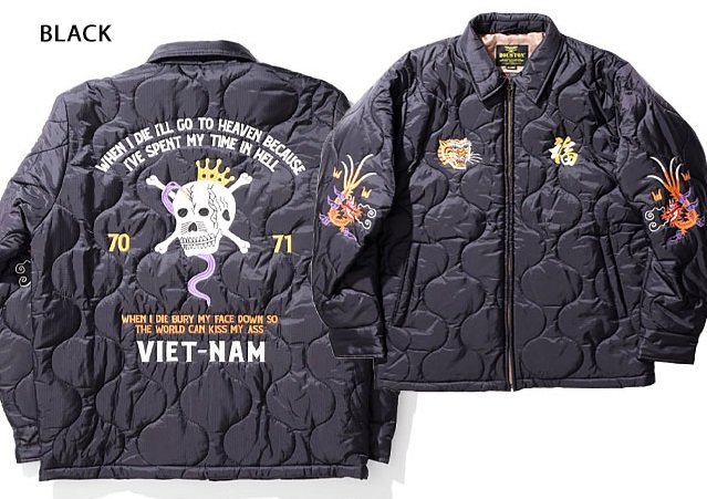 ナイロンリップベトナムジャケット「SKULL」 ◆HOUSTON ブラックXLサイズ 51266 ヒューストン 刺繍 和柄 和風 骸骨 ドクロ ベトジャン拍卖