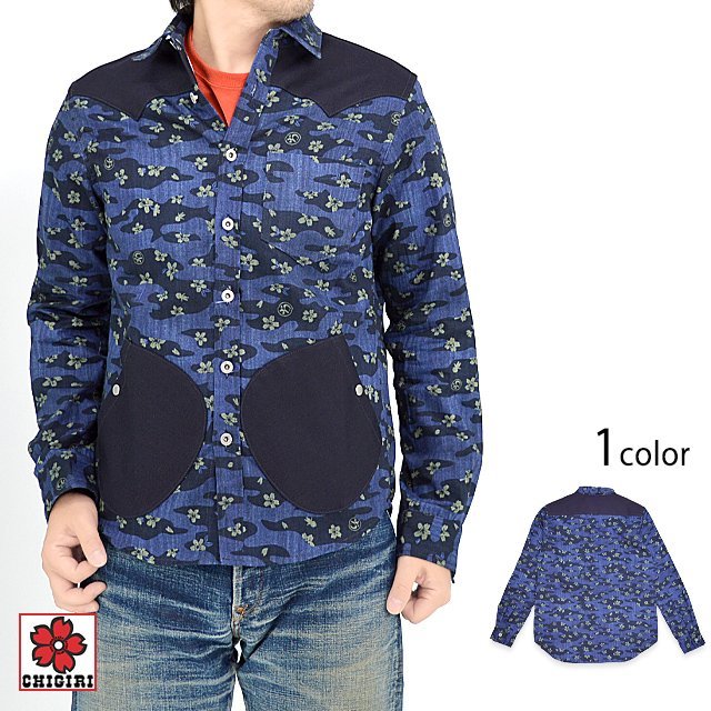 CHIGIRIオリジナルデニム風桜柄シャツ◆CHIGIRI ネイビーXLサイズ CHL56-1581 ちぎり チギリ 和柄 和風 さくら拍卖
