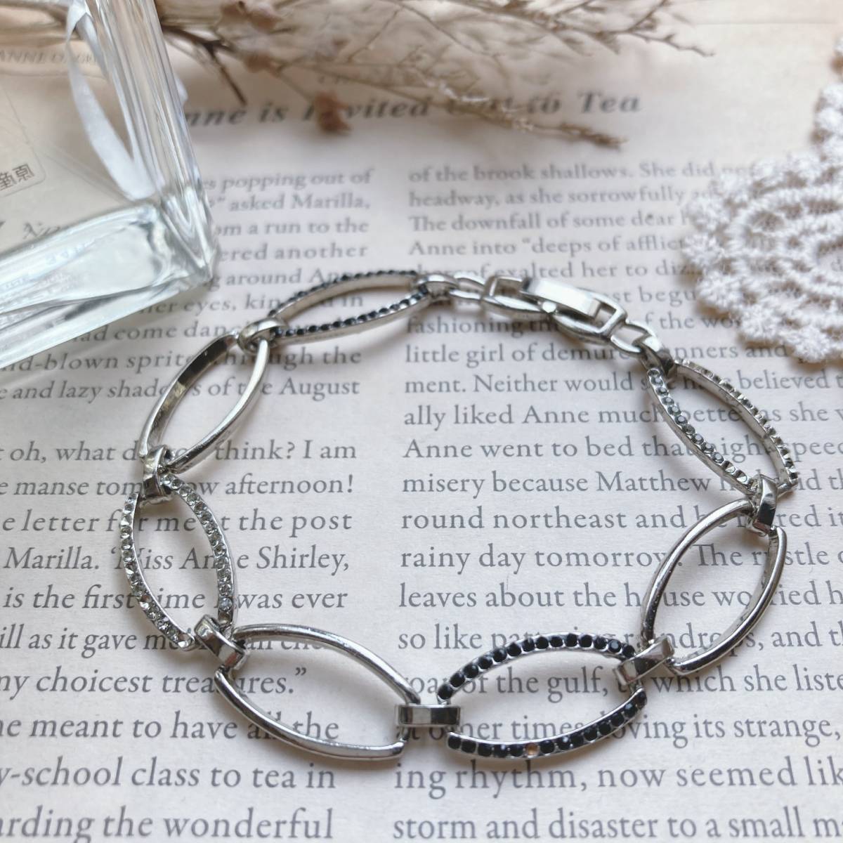 ブレスレット チェーンブレスレット ラインストーン プラチナ風 シルバー☆Vintage jewelry accessories A0679拍卖