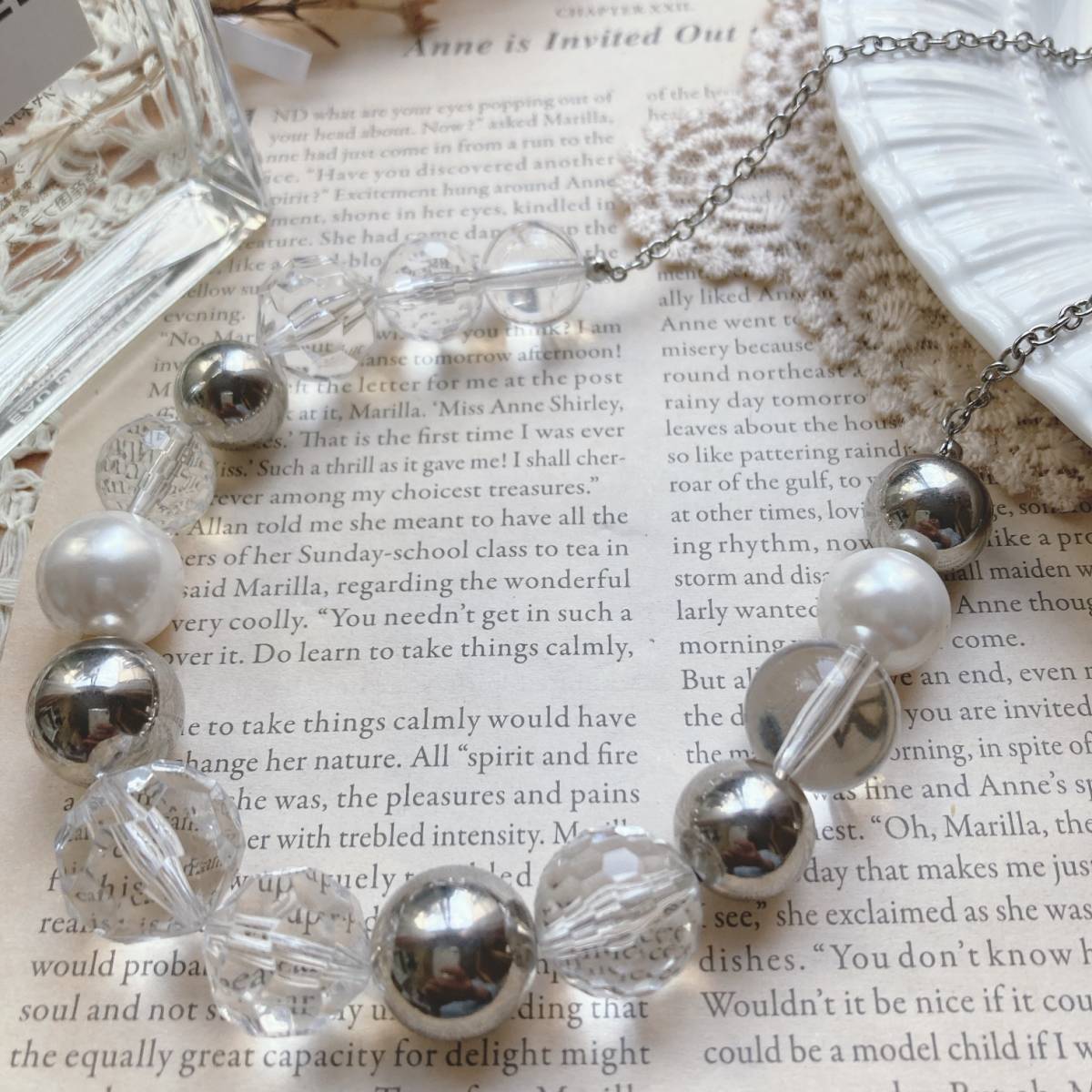 大粒ネックレス クリスタル パール シルバー ボール amulette刻印 美品☆Vintage jewelry accessories A0746拍卖