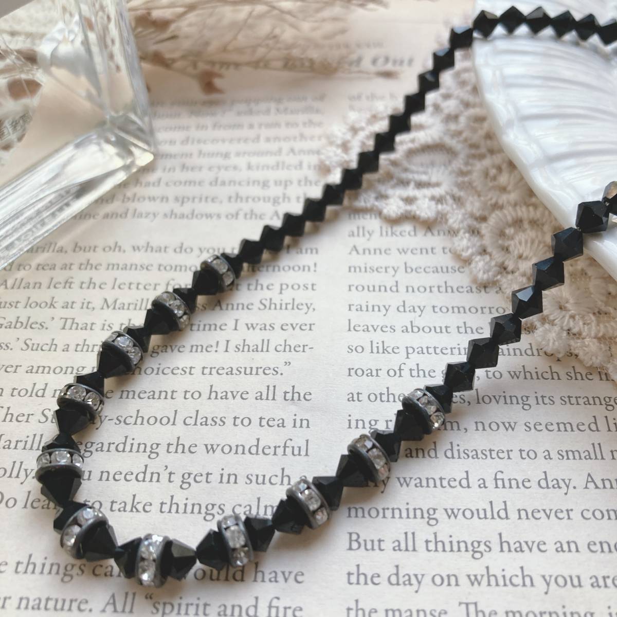 ネックレス ブラックビーズ オニキス ラインストーン 黒 多面カット キラキラ 美品☆Vintage jewelry accessories A0747拍卖