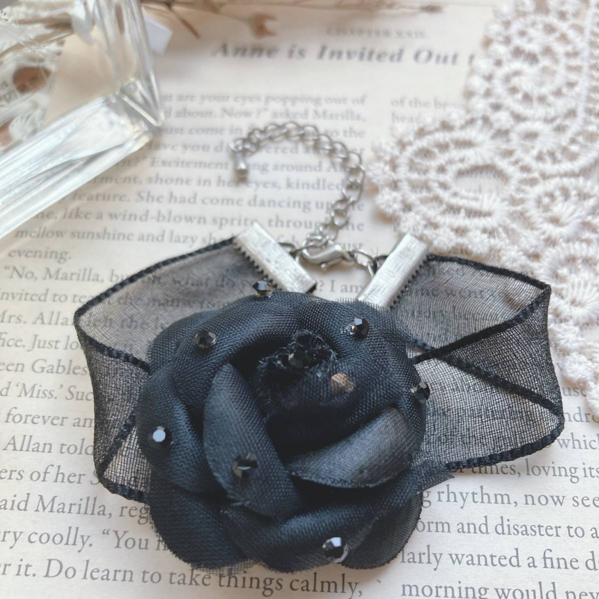 ヴィンテージブレスレット ブラックローズ 黒バラ オーガンジー ゴシック パーティー コスプレ☆Vintage jewelry accessories A0755拍卖