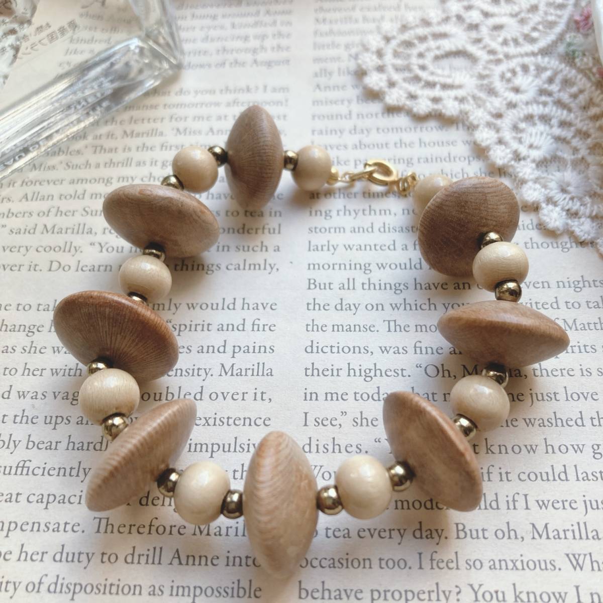 ブレスレット ウッドビーズ 木製 ナチュラル ブラウン ゴールド 美品☆Vintage jewelry accessories A0782拍卖