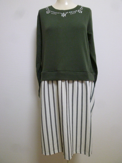 PINK adoBe/ピンクアドベ♪カーキ×白縦ストライプビジュー付きトレーナースカート切り替えセットアップ風ワンピースM/ドッキング♪H73拍卖