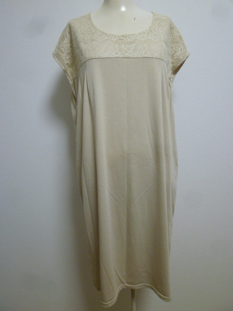lune moire♪淡ベージュ肩レースデザイン上品ワンピースM/半袖膝丈♪68拍卖