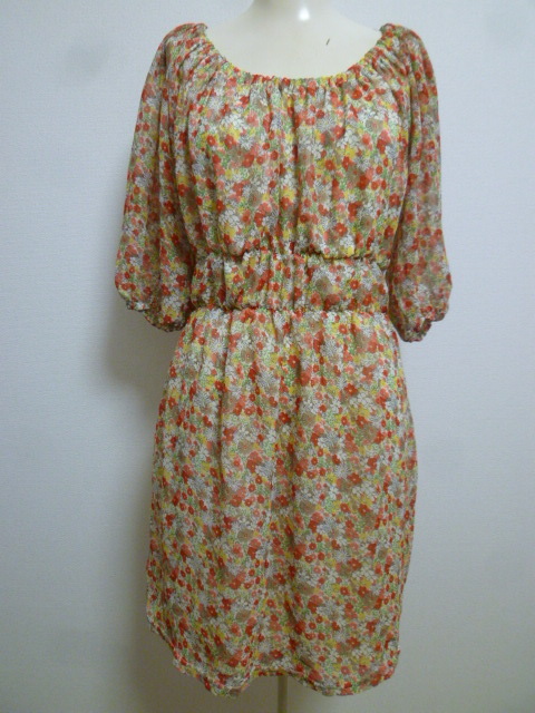 LDprime♪赤系小花柄ふんわり袖シフォンワンピース38/ミニ♪68拍卖