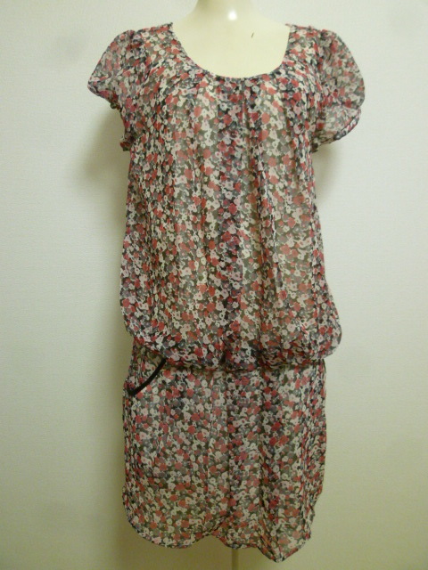 VIS/ビス♪小花柄フェイクツイン風シフォンワンピースM/セットアップ風チュニックM/膝丈半袖♪68拍卖