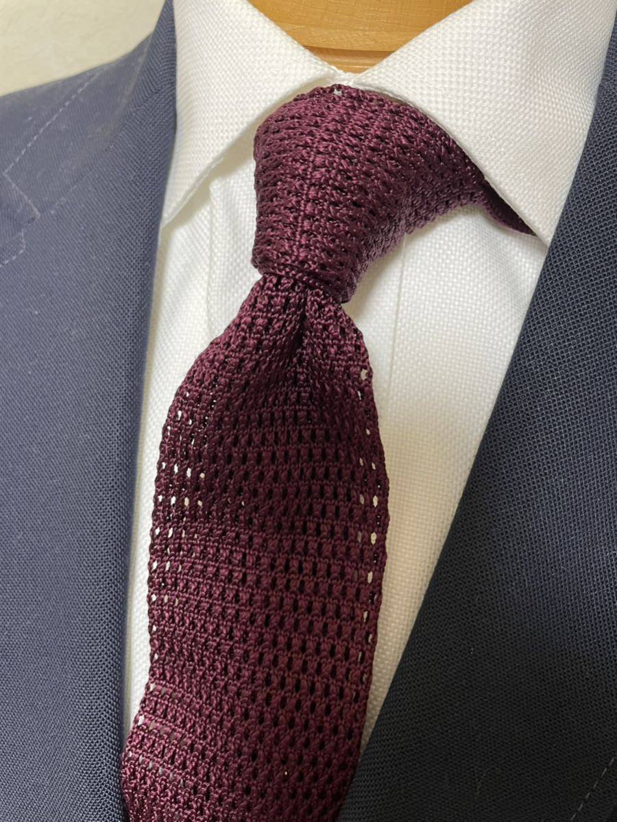 【美品】ビサルノ ニットタイ ワインレッド シルク100% ネクタイ 大剣約6.5cm 丸井拍卖