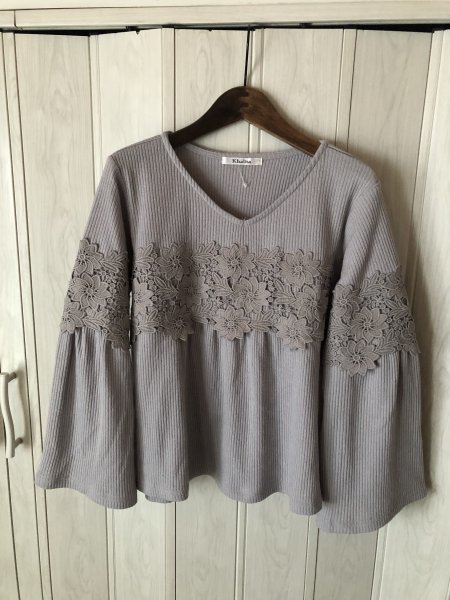 ◆Khalita/花柄レース付/グレーのニット◆c拍卖