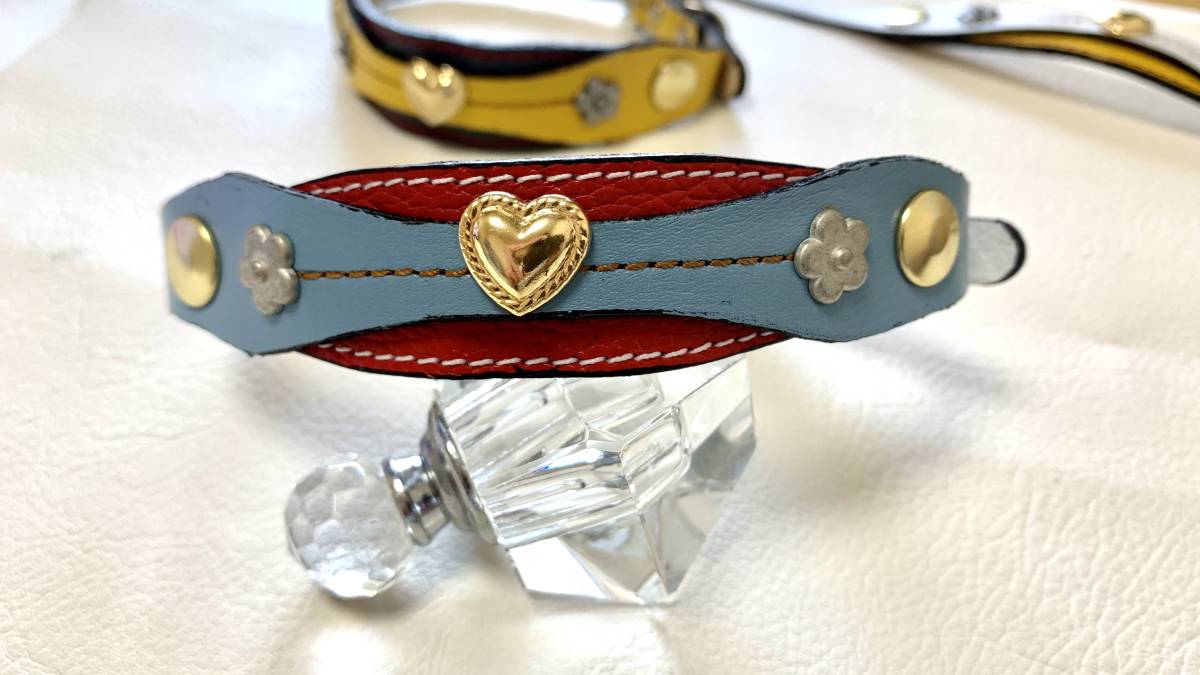 555 レザーわんこ犬の首輪(ブルー×赤)拍卖