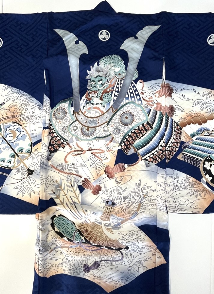 花とら●リサイクル着物 男児 男の子用 お宮参り 祝い着 紺 兜 竜 長襦袢セット 231004拍卖