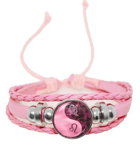 【しし座、ピンク】12 星座ブレスレット陰陽星座ガラスカボションピンクレザーブレスレット女性女の子誕生日ギフト拍卖
