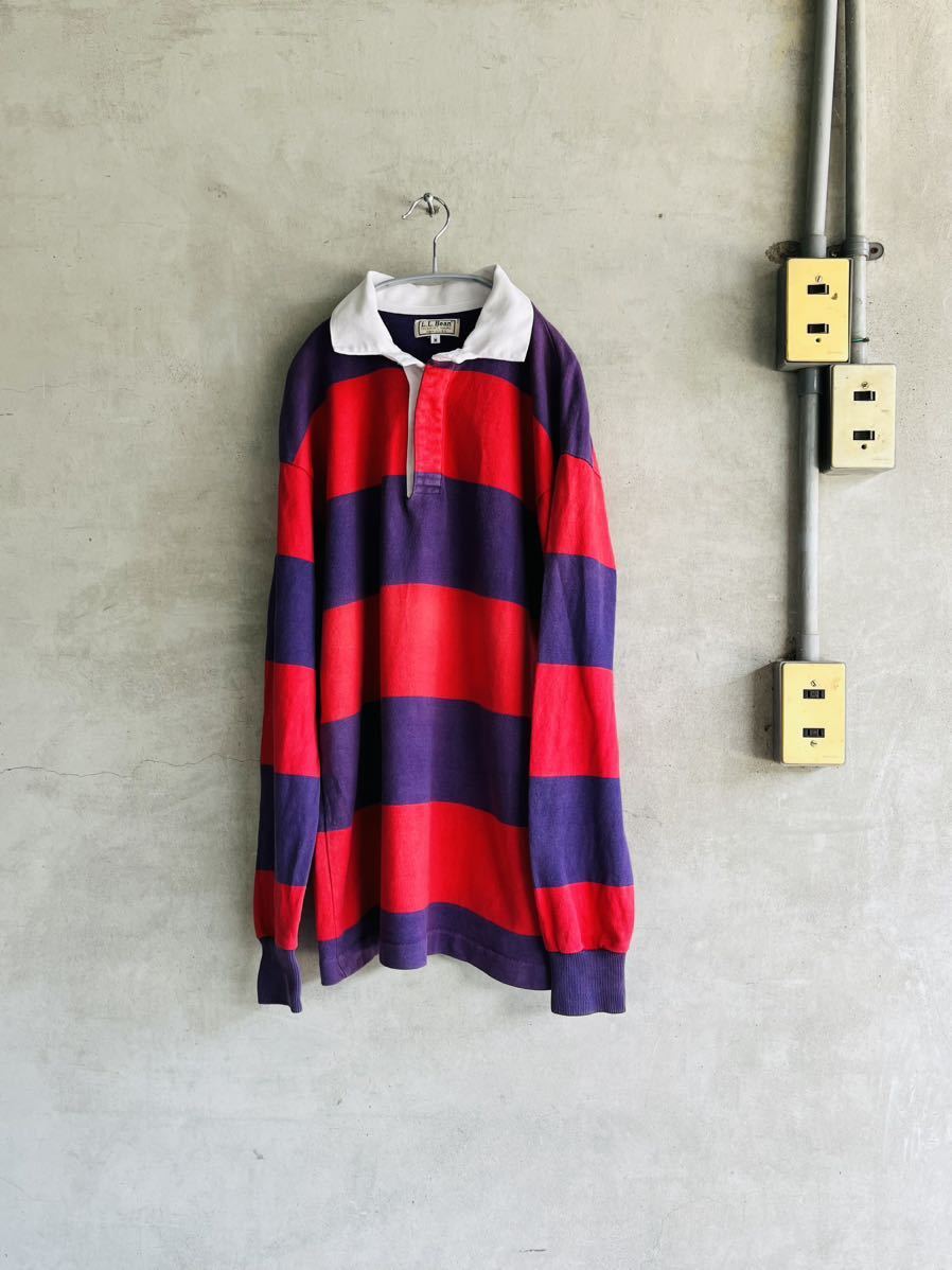 90s 90年代 エルエルビーン LLBean 長袖 ラガーシャツ 太ボーダー 柄 ポロシャツ ビンテージ USA アメリカ 古着 コットン 綿 レア カラー拍卖