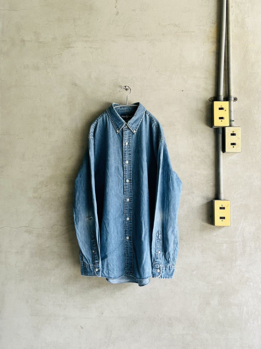 90s 90年代 00s 2000年代 ラルフローレン Ralph Lauren カスタムフィット デニムシャツ BD ボタンダウン ビンテージ フィリピン製 USA古着拍卖