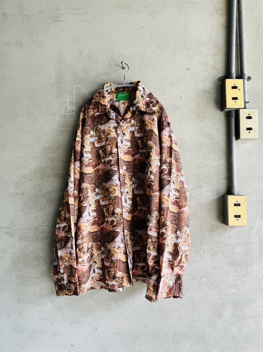 70s 70年代 80s 80年代 JOE Namath BY ARROW長袖 シャツ ピクチャー フォト イラスト 総柄 ポリシャツ ビンテージ 古着 USA アメリカ拍卖