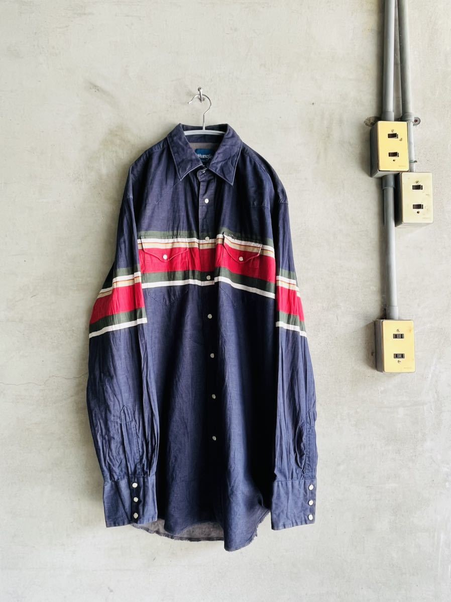 90s 90年代 ラングラー wrangler 切り替え ボーダー ウエスタンシャツ 長袖 ビンテージ USA アメリカ 古着 仕入れ XL コットン拍卖