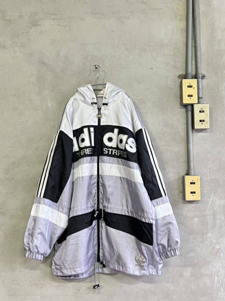 90s 90年代 adidas アディダス ナイロン ジャケット シルバー 白 タグ パーカ フード トレフォイル 3ストライプ タグ USA アメリカ 古着拍卖