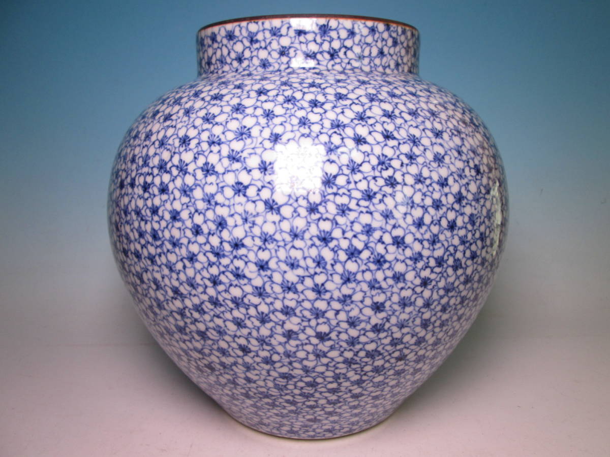 ☆京焼 平安 助田正山 造 染付 桜の花尽くし文 花瓶 H23,5cm 清水焼 飾り壷拍卖